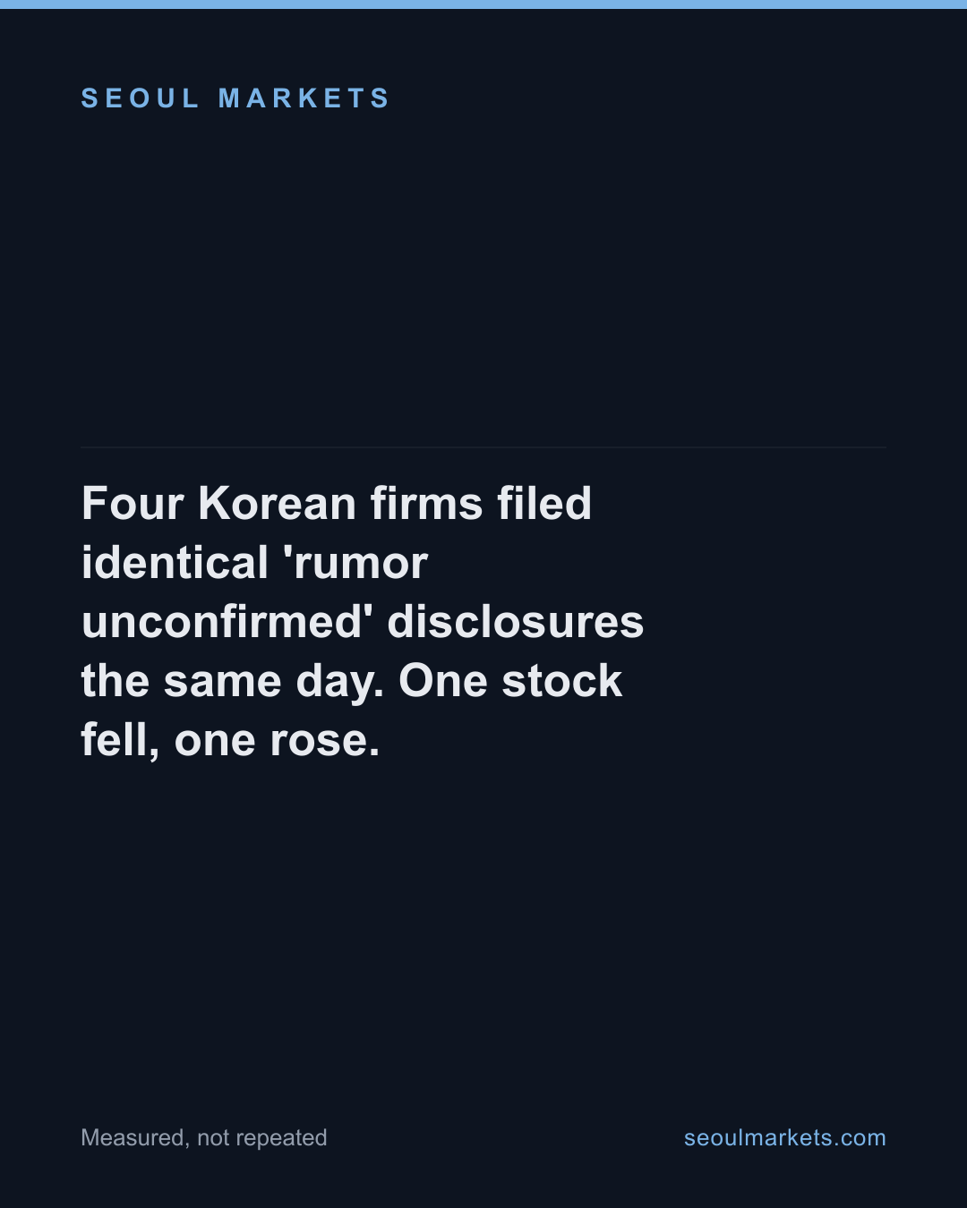 Four Korean firms filed identical 'rumor unconfirmed' disclosures the same day. One stock fell, one rose. — card 1 of 5