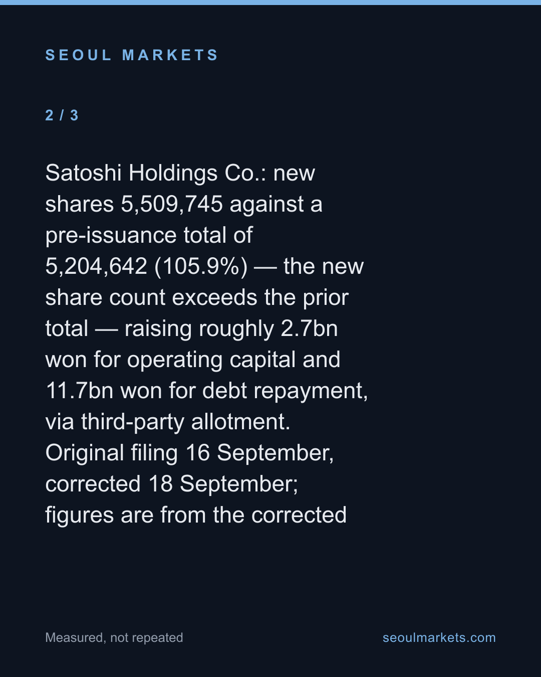 One Korean private placement diluted shares by 80 percent. Another, by 106 percent. — card 3 of 5